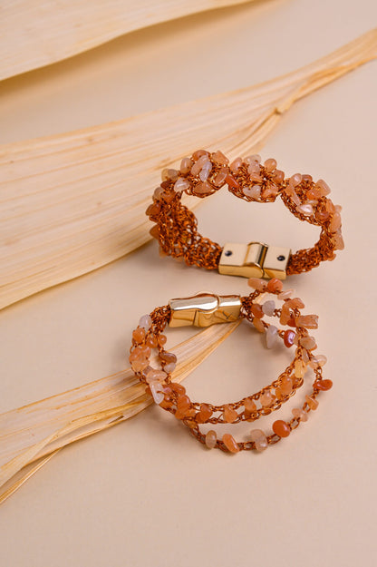 Topaz Orange Mix Rocks Cluster Handmade Crochet Bracelet