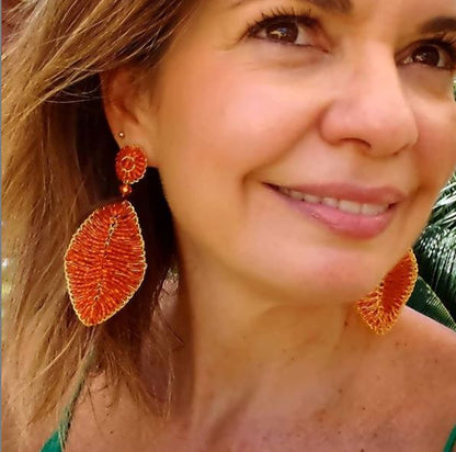 Orange & Gold Leaf Handmade Crochet Earrings