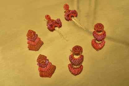 Coral Red Mix Chevron Mini Handmade Crochet Earrings