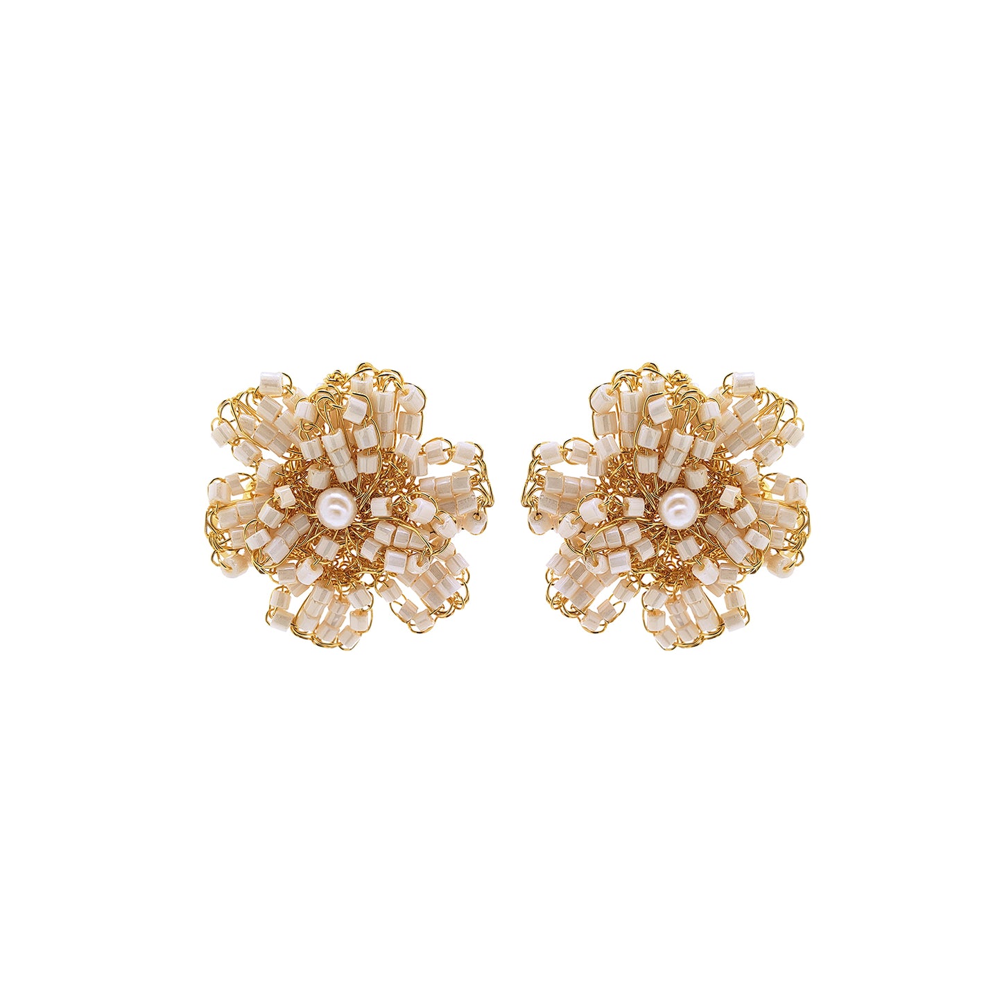 Pearl & Gold Aster Post Handmade Crochet Earrings