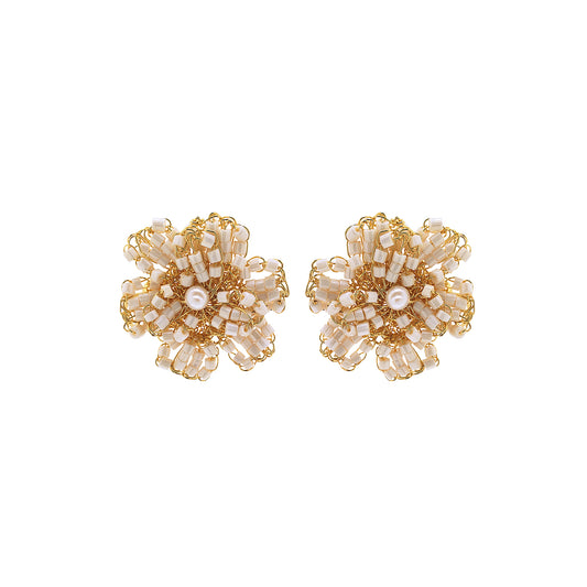 Pearl & Gold Aster Post Handmade Crochet Earrings