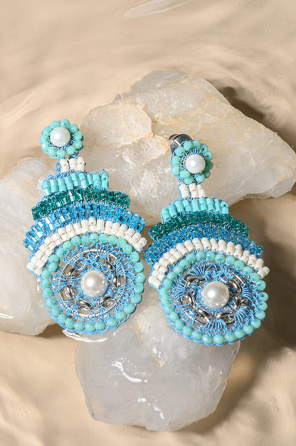 Ocean Blue Mix Ripples Dangles Handmade Crochet Earrings