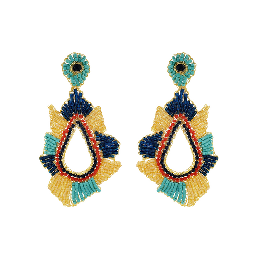 Blue & Yellow Geometric Teardrop Handmade Crochet Large Earrings