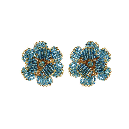 Blue & Gold Crystals Flower Crochet Post Handmade Earrings
