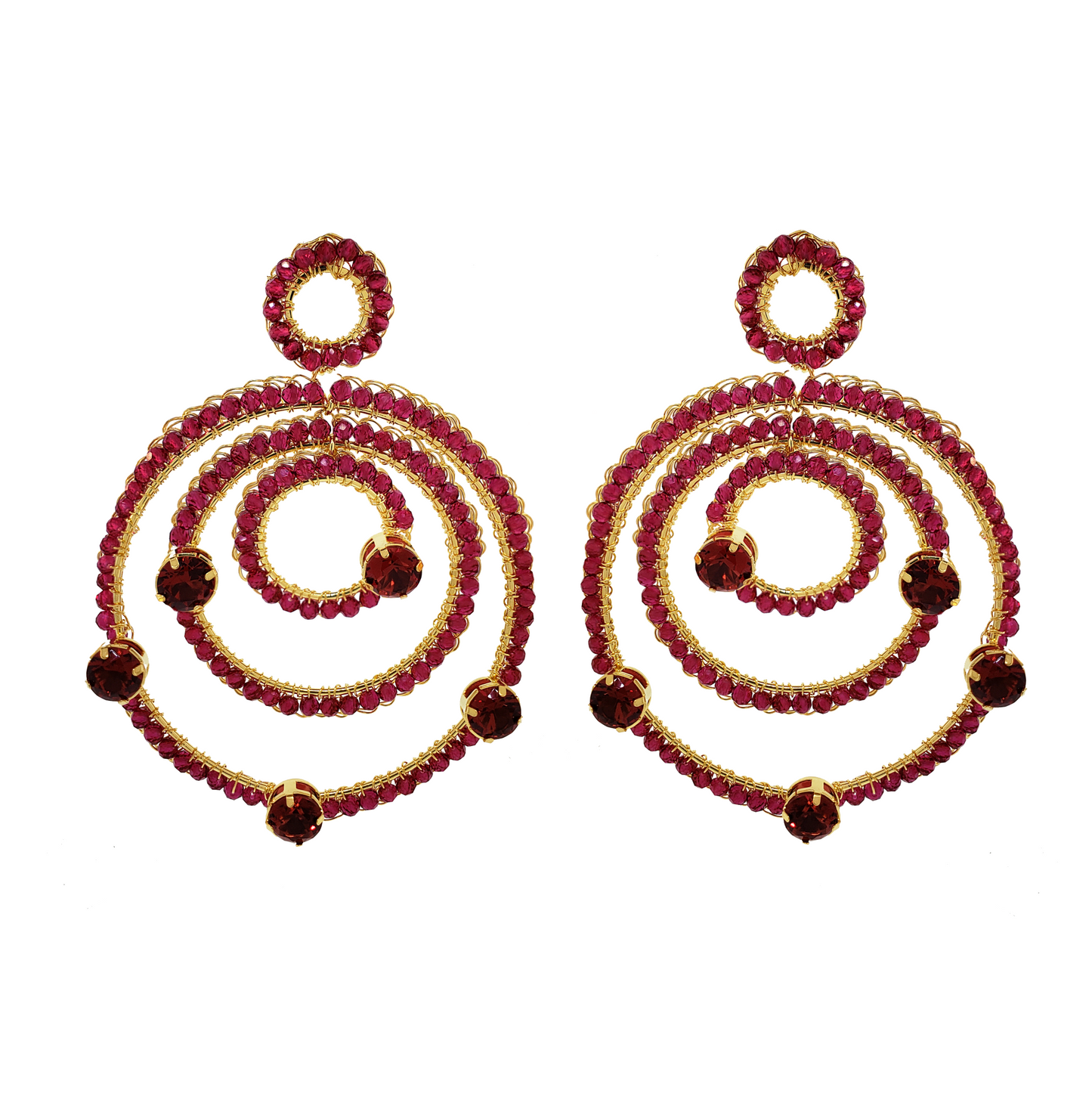 Ruby Red & Gold Prisma Chandelier Handmade Crochet Earrings