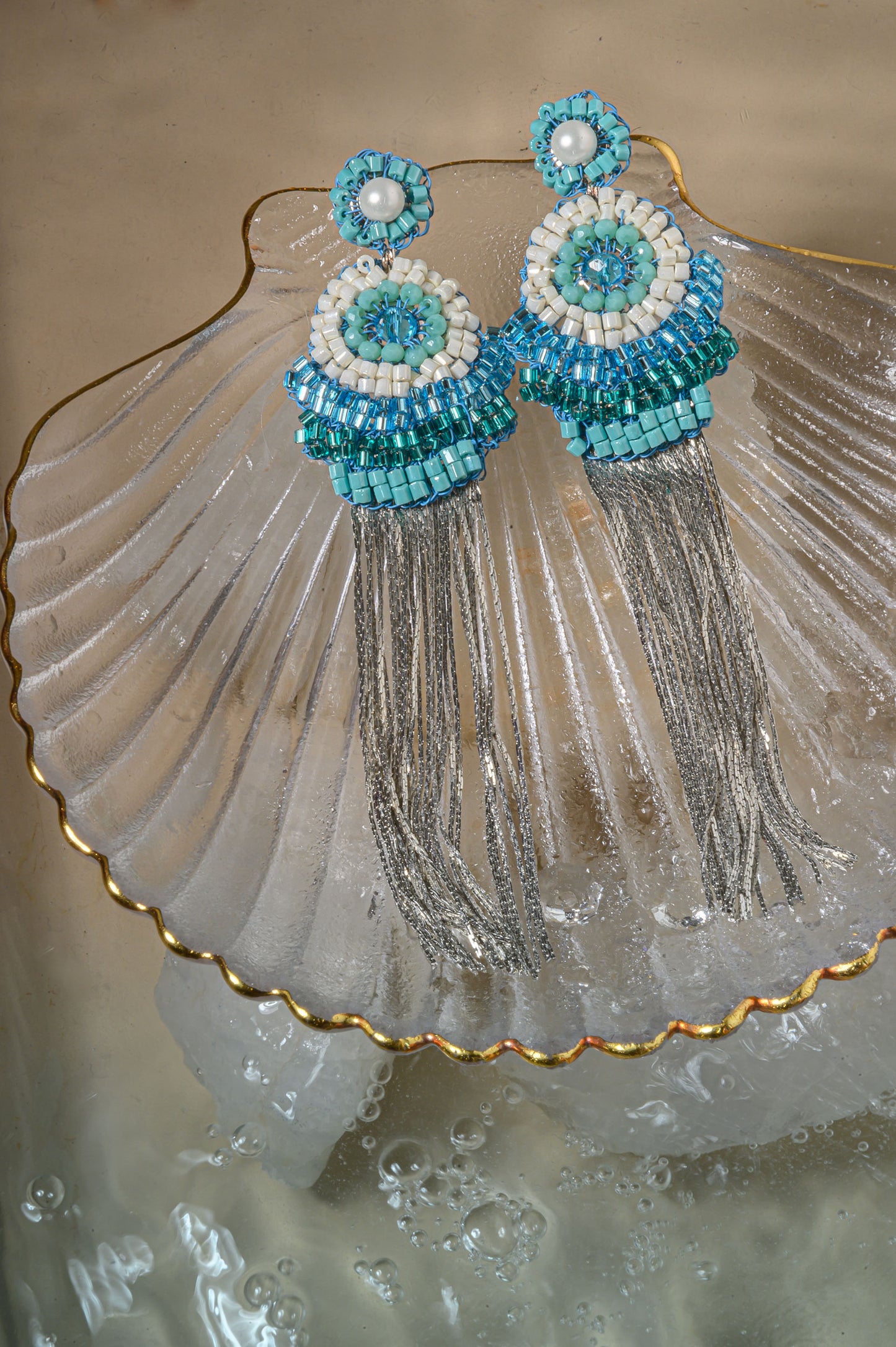Ocean Blue Mix Ripples Fringe Handmade Crochet Earrings