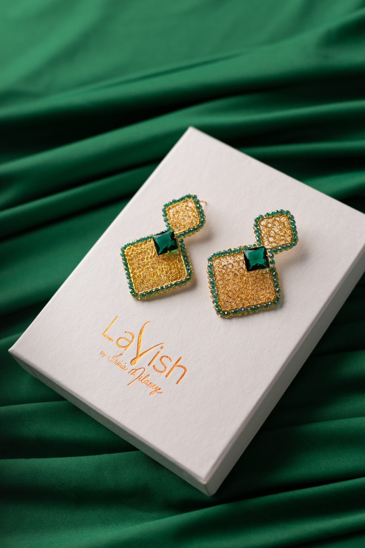 Emerald Squared Prisma Handmade Crochet Earrings