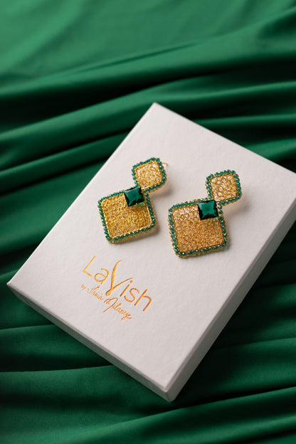 Emerald Squared Prisma Handmade Crochet Earrings