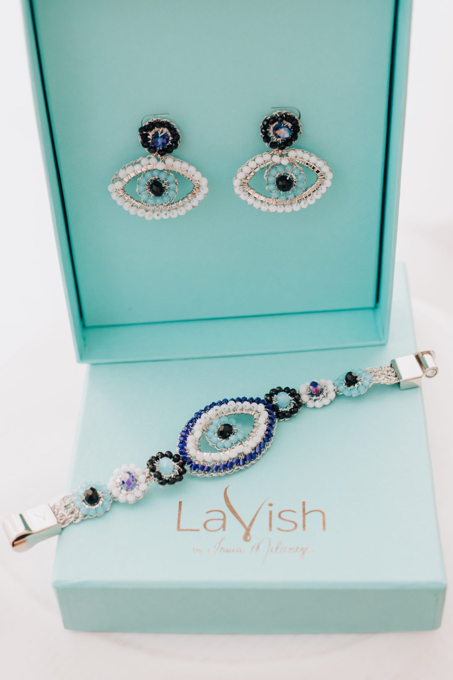 Blues & Silver Evil Eye Handmade Crochet Bracelet