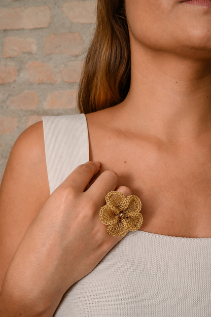 Vintage Gold Plumeria Handmade Crochet Ring