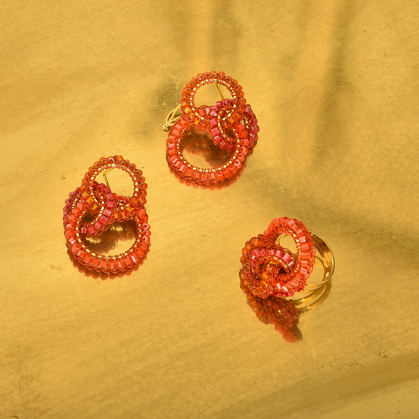 Coral Red Mix Leah Trio Handmade Crochet Earrings