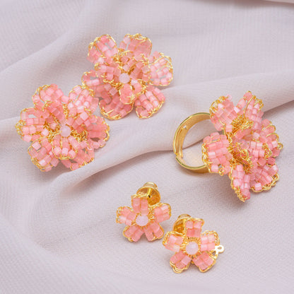 Soft Pink & Gold Aster Mini Post Handmade Crochet Earrings