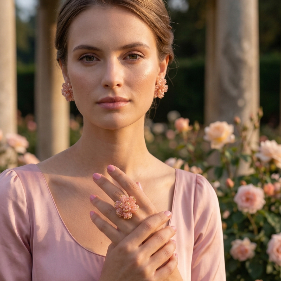 Soft Pink Gold Aster Post ring Handmade Crochet Earrings 18 karat gold filled statement model