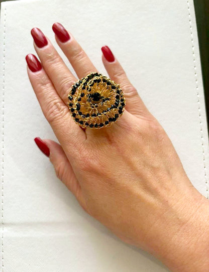 Black & Gold Gaia Floral Handmade Crochet Ring
