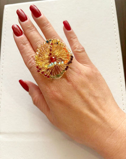 Multicolor & Gold Gaia Floral Handmade Crochet Ring