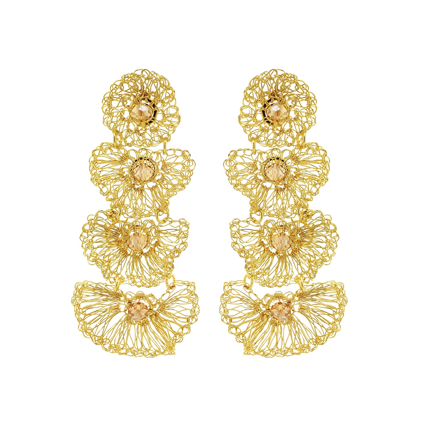 Amber & Gold Shells Cascade Handmade Crochet Earrings