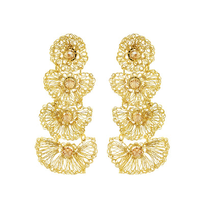 Amber & Gold Shells Cascade Handmade Crochet Earrings