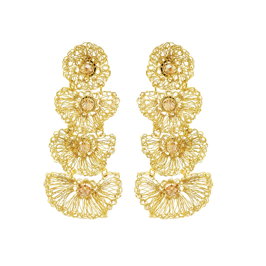 Amber & Gold Shells Cascade Handmade Crochet Earrings