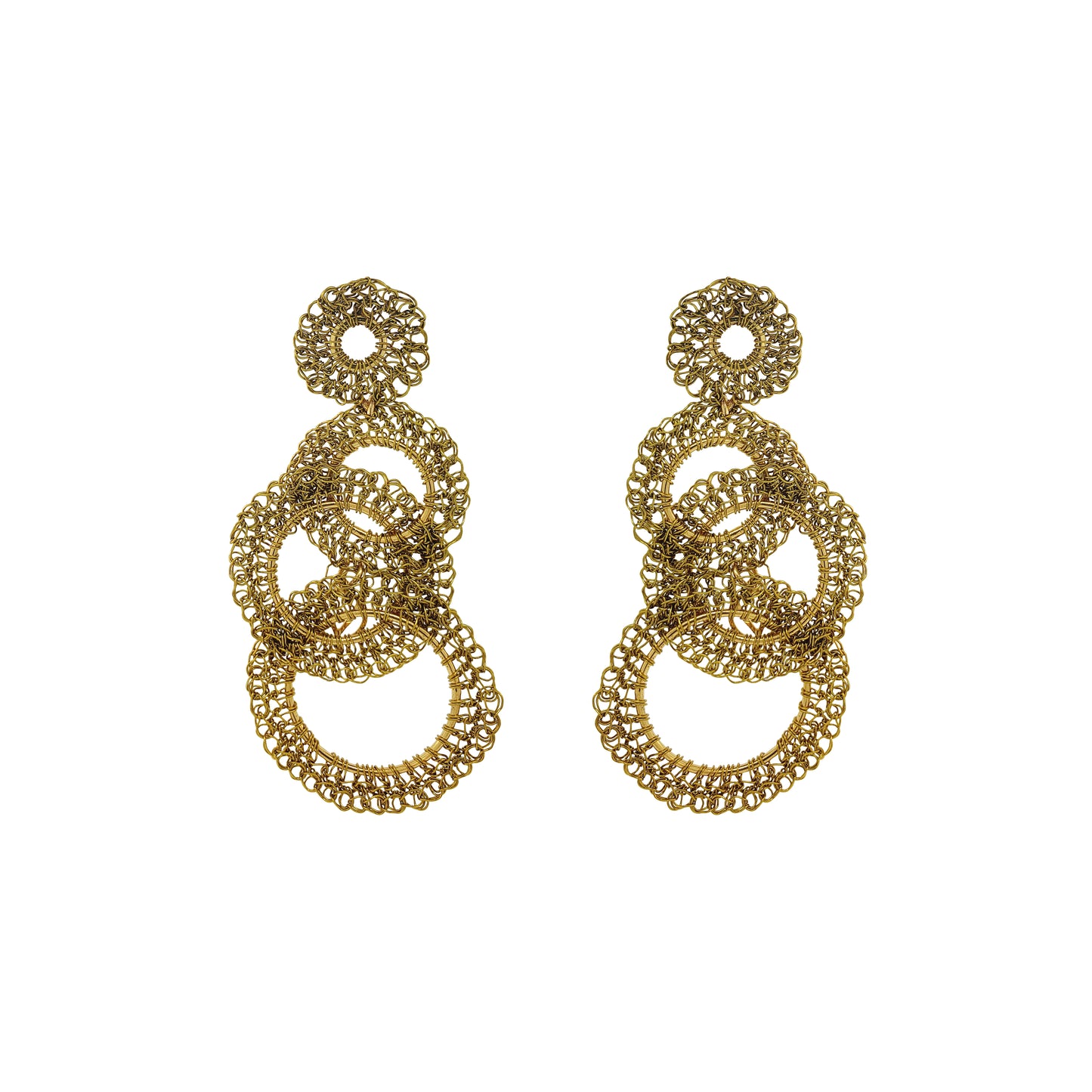 Lime Green Artemis Trio Handmade Crochet Earrings-handmade-crochet-with-unique-design-18k-gold-filled-wire-hypoallergenic-lightweight-statement- interlocked links