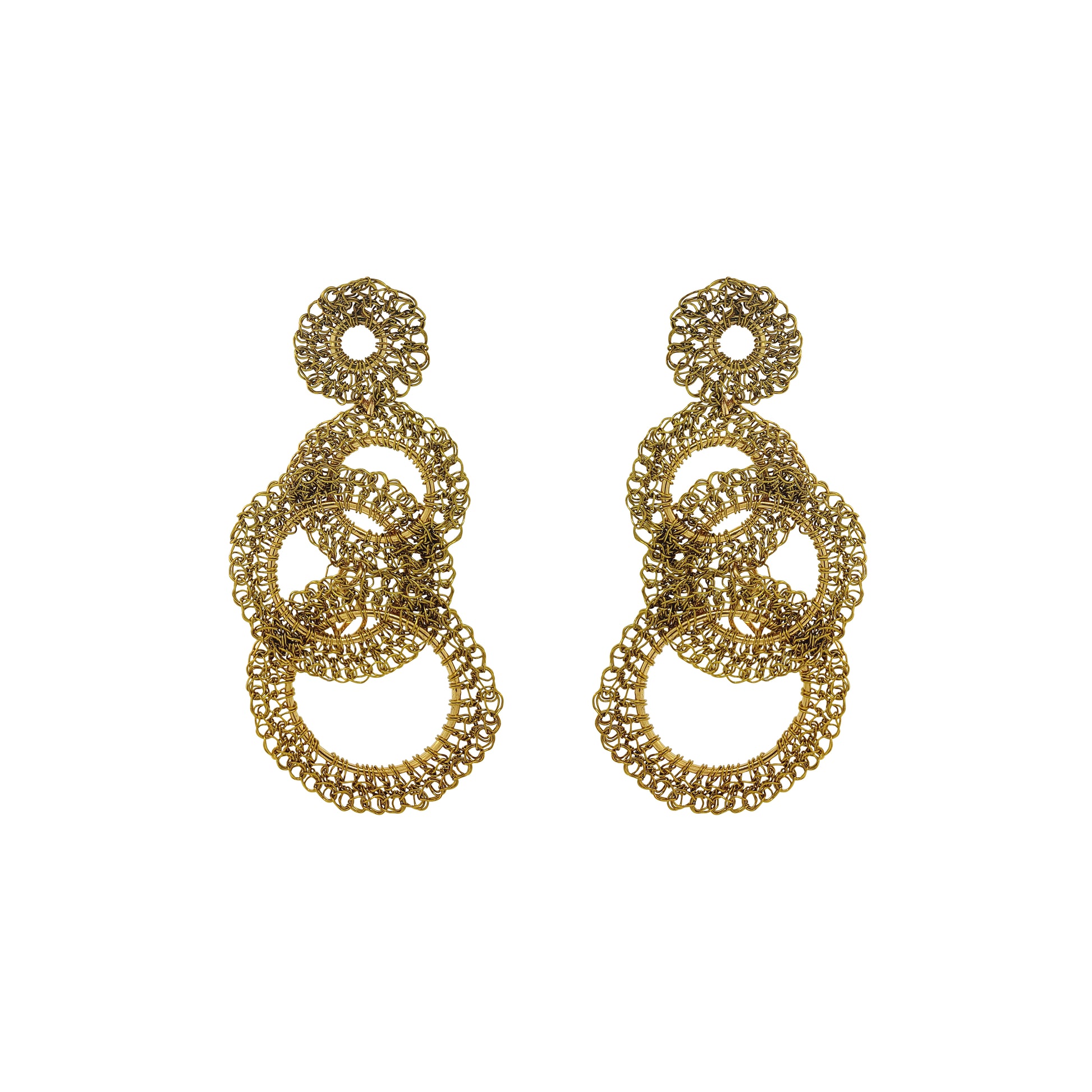 Lime Green Artemis Trio Handmade Crochet Earrings-handmade-crochet-with-unique-design-18k-gold-filled-wire-hypoallergenic-lightweight-statement- interlocked links