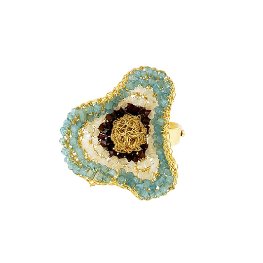 Blue & Brown Mix Buttercup Crystal Handmade Crochet Ring