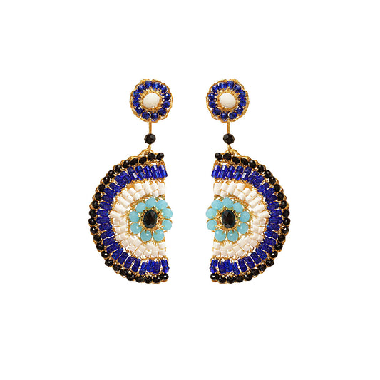 Blues & Gold Evil Eye Dangle Handmade Crochet Earrings