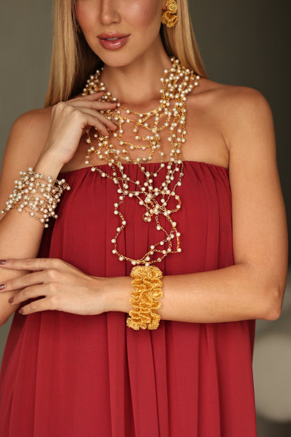 Pearl & Gold Multi-Strings Handmade Crochet Necklace