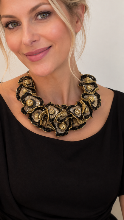 Black Mix Buttercup Bib Handmade Crochet Necklace