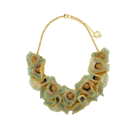 Blue & Brown Mix Buttercup Crystal Bib Handmade Crochet Necklace
