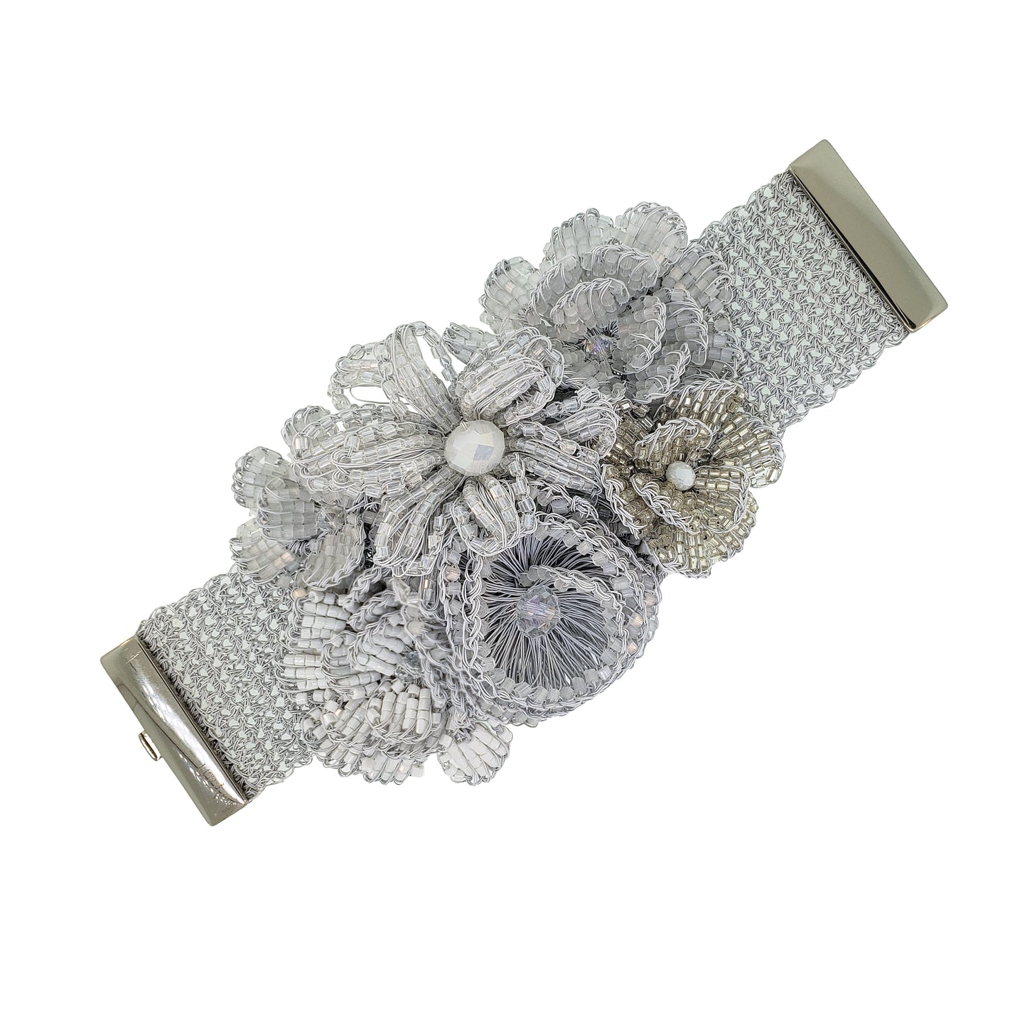 White & Silver Mix Blossom Maxi Handmade Crochet Bracelet