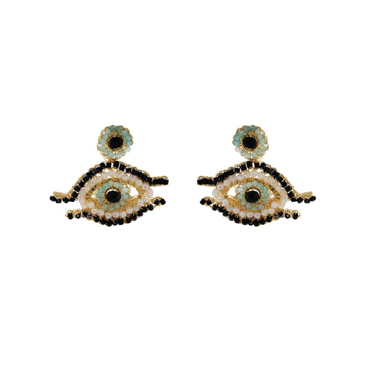 Blues & Gold Evil Eye Handmade Crochet Earrings