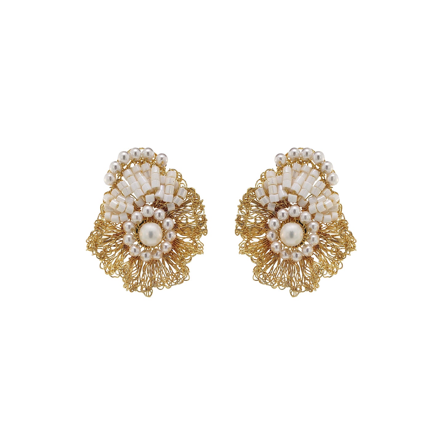 Pearl & Gold Crown Mini Posts Handmade Crochet Earrings