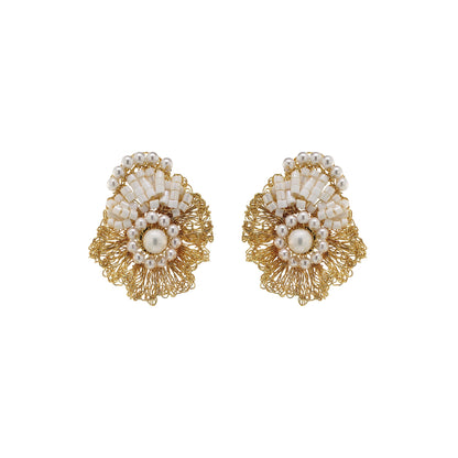 Pearl & Gold Crown Mini Posts Handmade Crochet Earrings