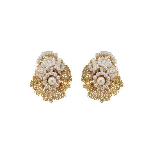 Pearl & Gold Crown Mini Posts Handmade Crochet Earrings