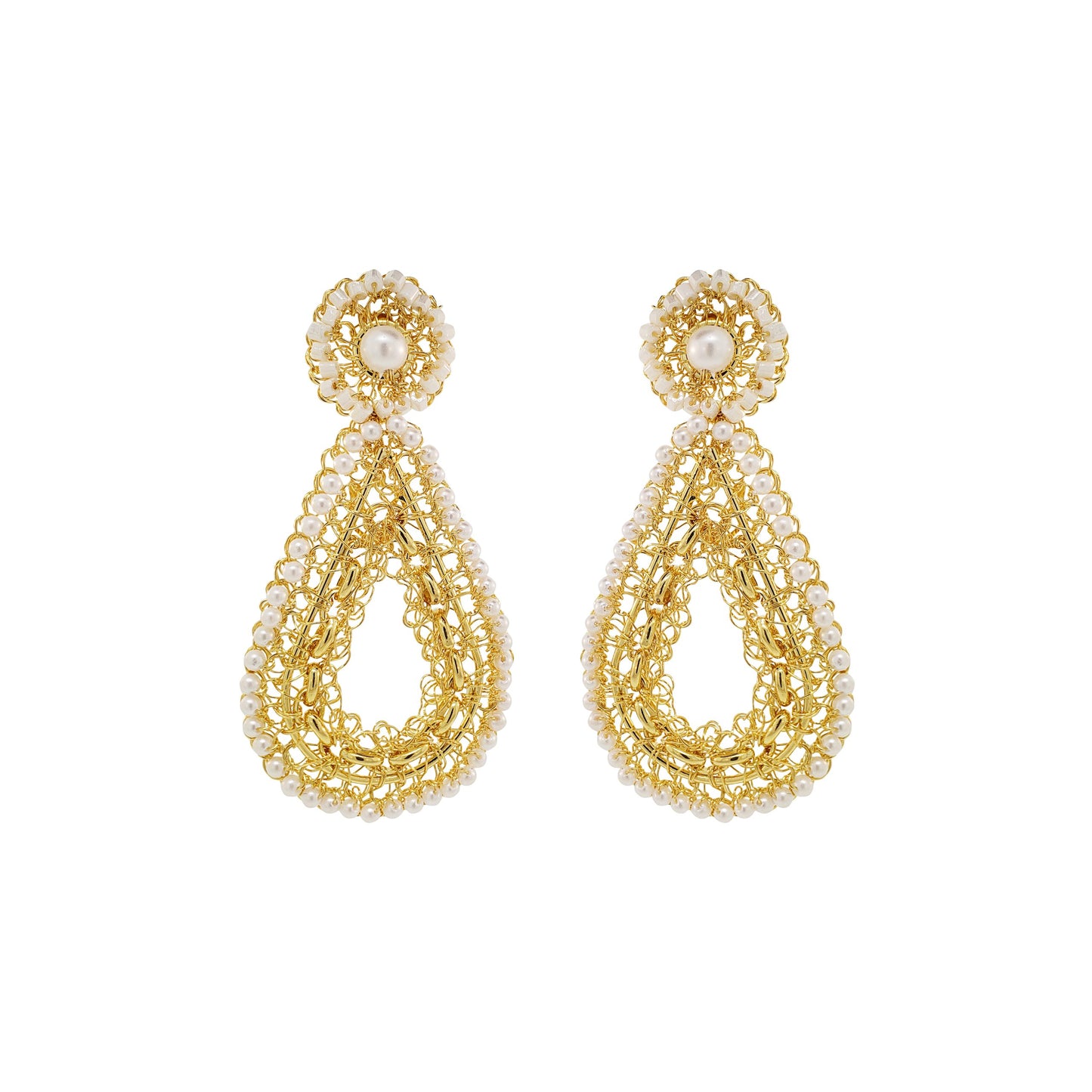 Pearl & Gold Flux Teardrop Handmade Crochet Earrings