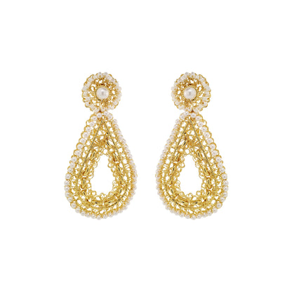 Pearl & Gold Flux Teardrop Handmade Crochet Earrings