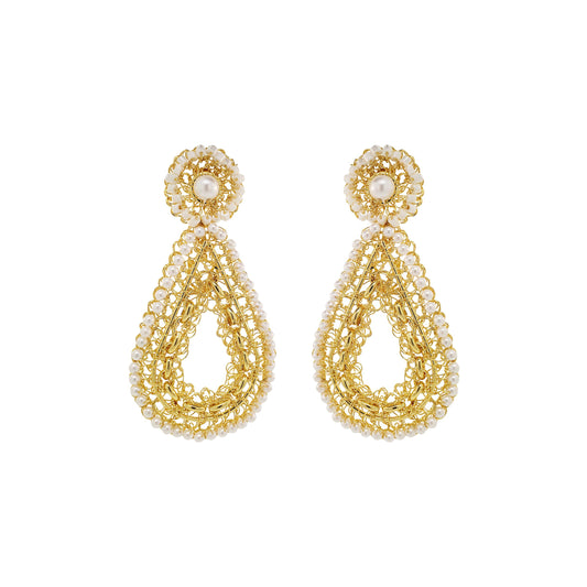 Pearl & Gold Flux Teardrop Handmade Crochet Earrings