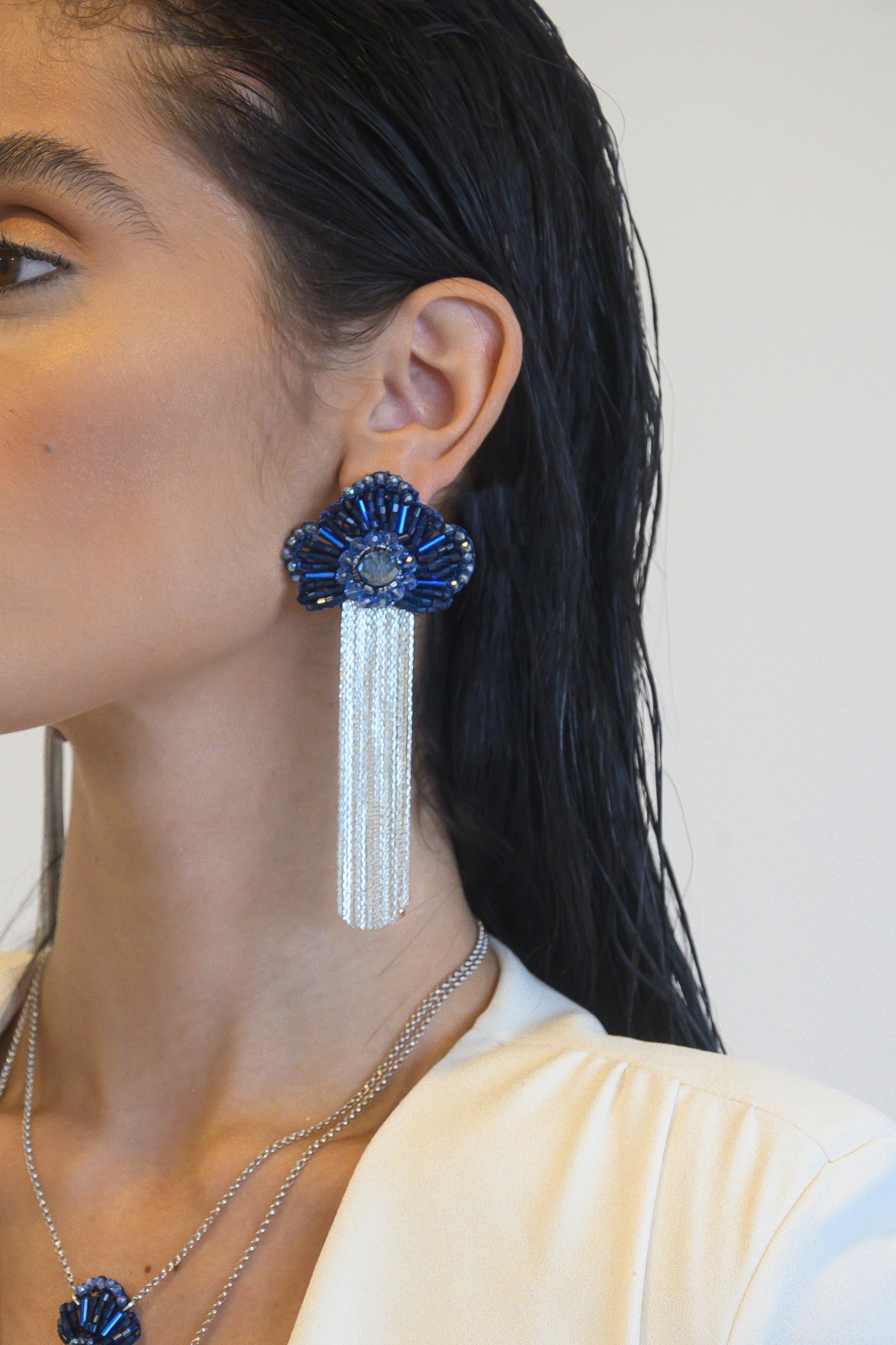 Royal Blue Mix Crown Fringe Handmade Crochet Earrings