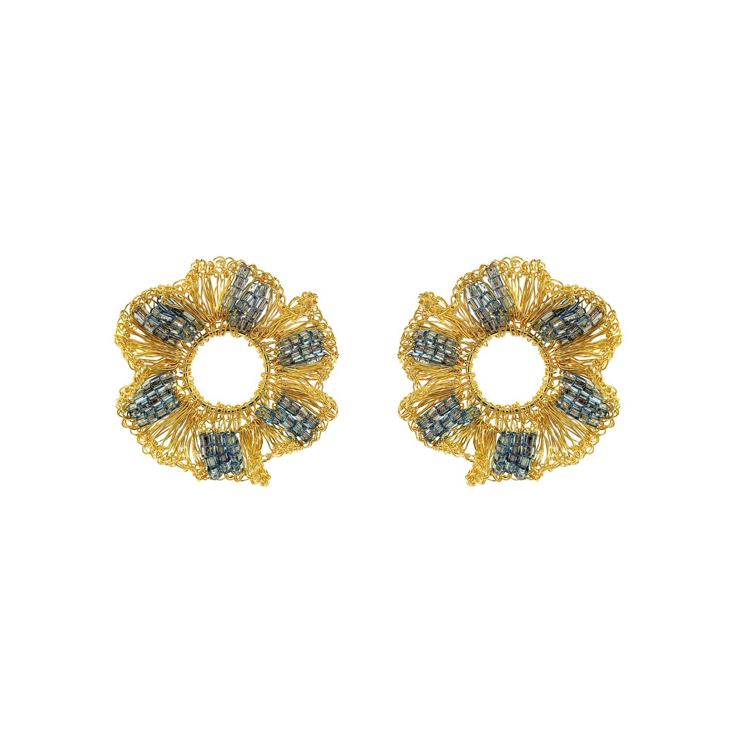 Azure Blue & Gold Gaia Maxi Post Handmade Crochet Earrings