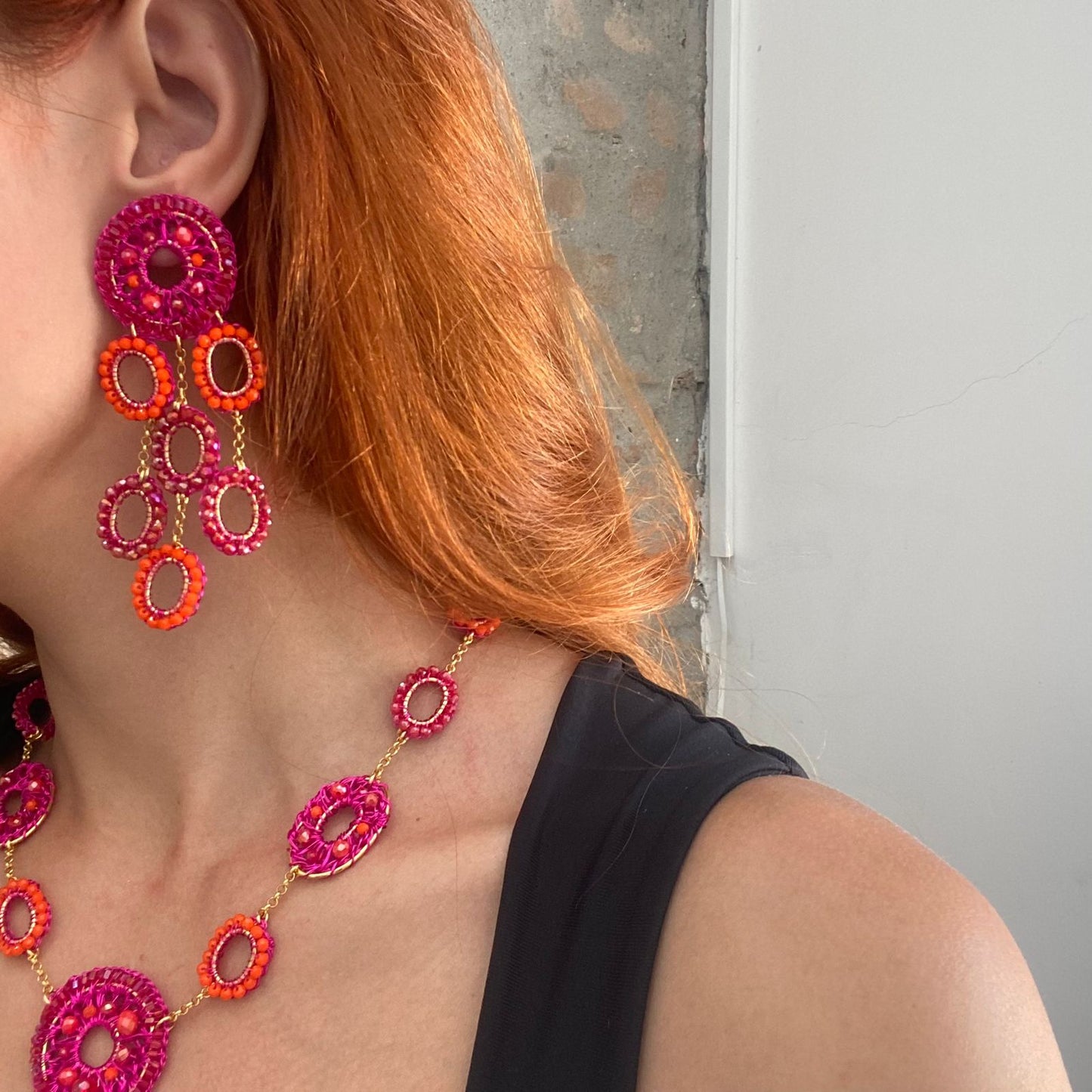 Neon Fuchsia Mix Moira Chandelier Handmade Earrings