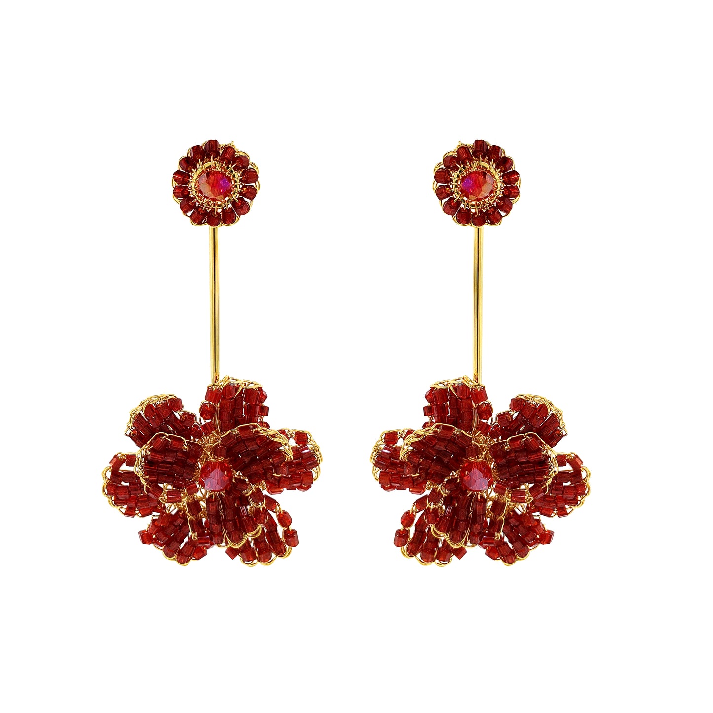 Red & Gold Blossom Drop Handmade Crochet Earrings