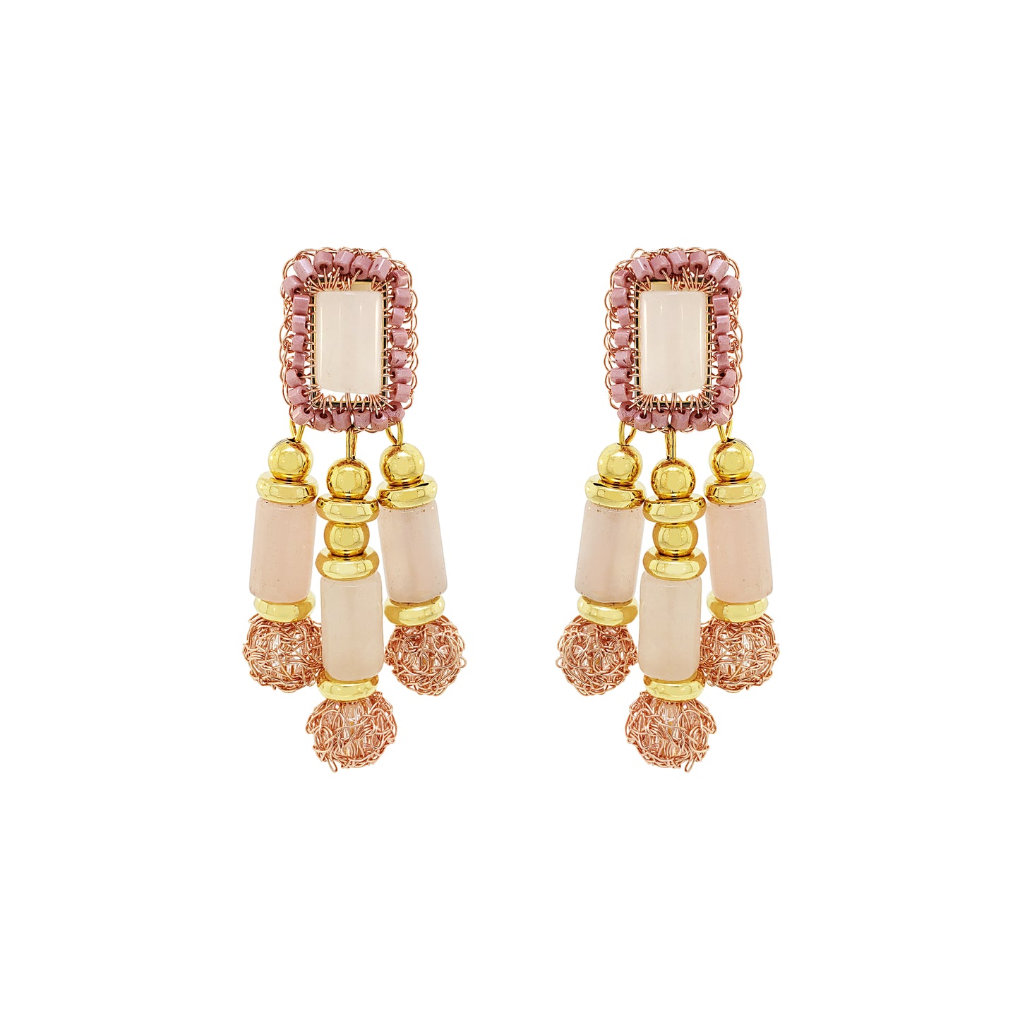 Rose Quartz Mix Nara Chandelier Handmade Crochet Earrings