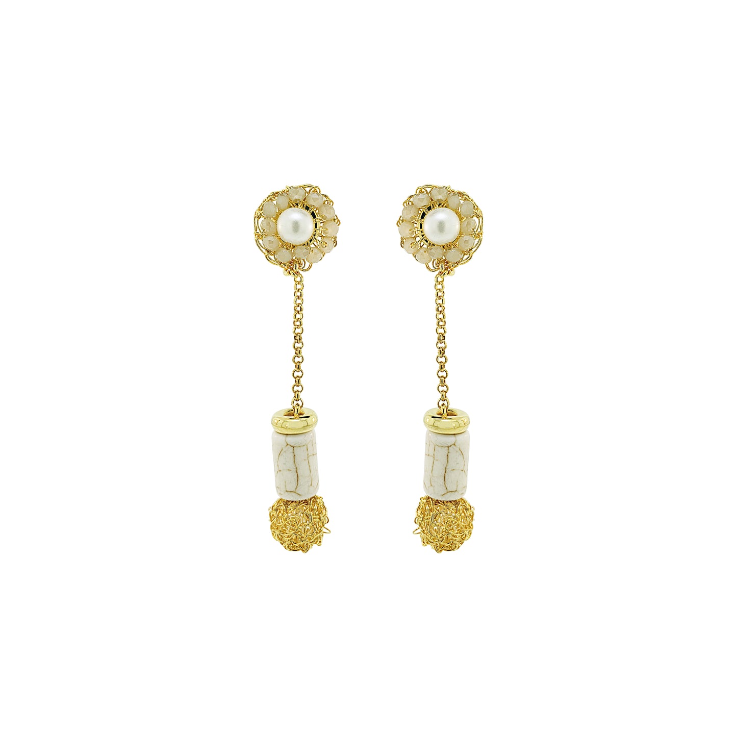 White Howlite Mix Nara Dangle Handmade Crochet Earrings