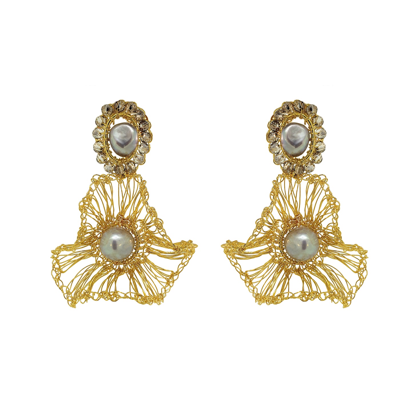 Cloud Gray & Gold Nyla Dangle Handmade Crochet Earrings