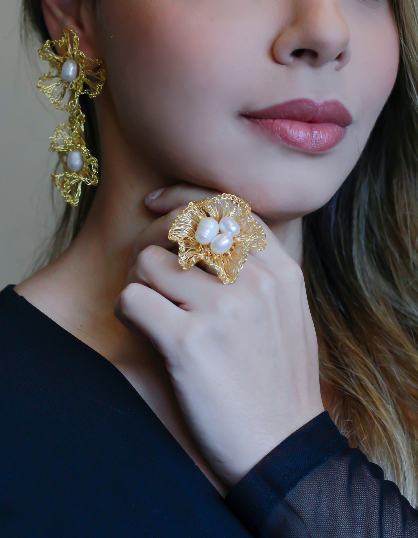 Pearl & Gold Nyla Duo Handmade Crochet Earrings