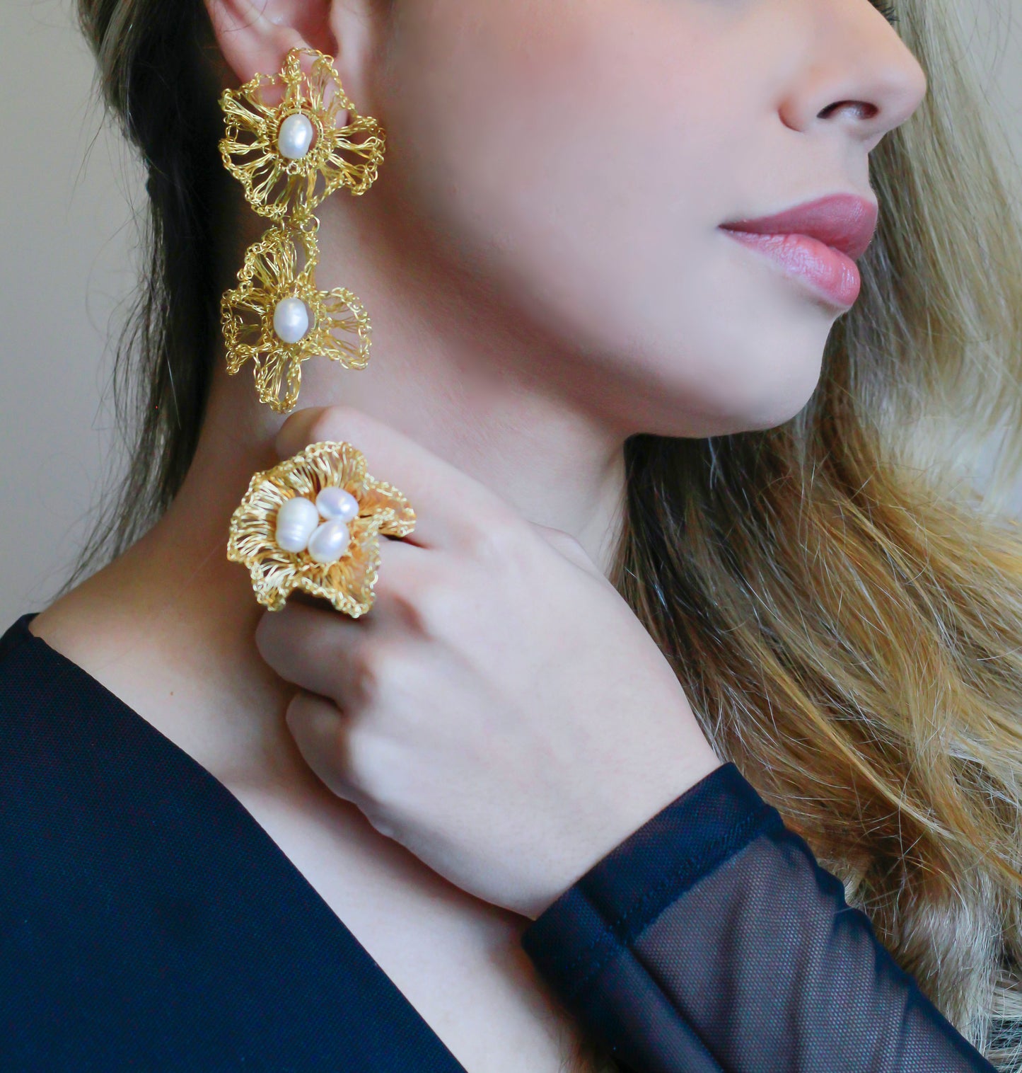 Pearl & Gold Nyla Duo Handmade Crochet Earrings