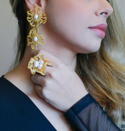 Pearl & Gold Nyla Duo Handmade Crochet Earrings
