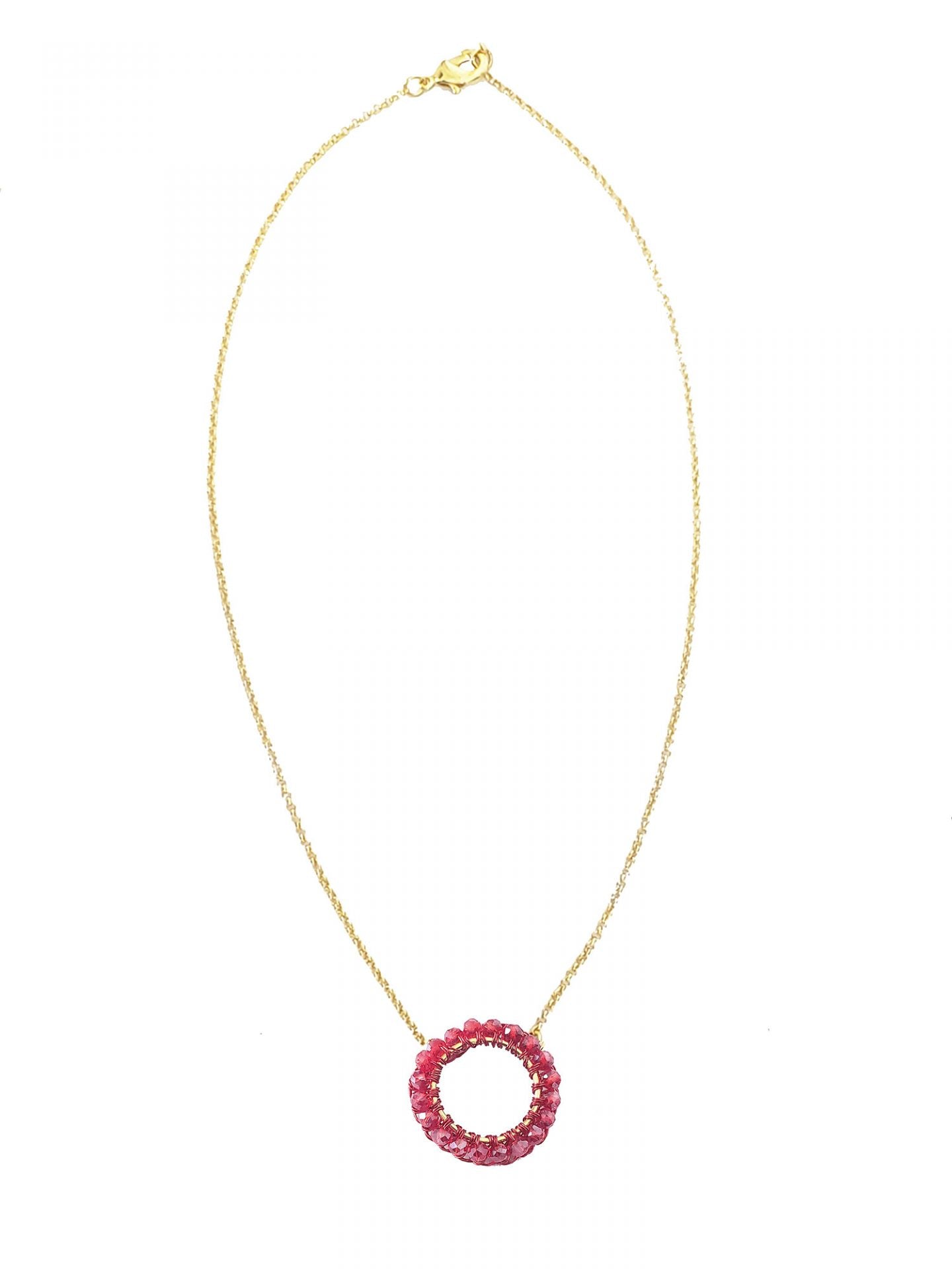 Red Crystal Circle Pendant Handmade Crochet Necklace