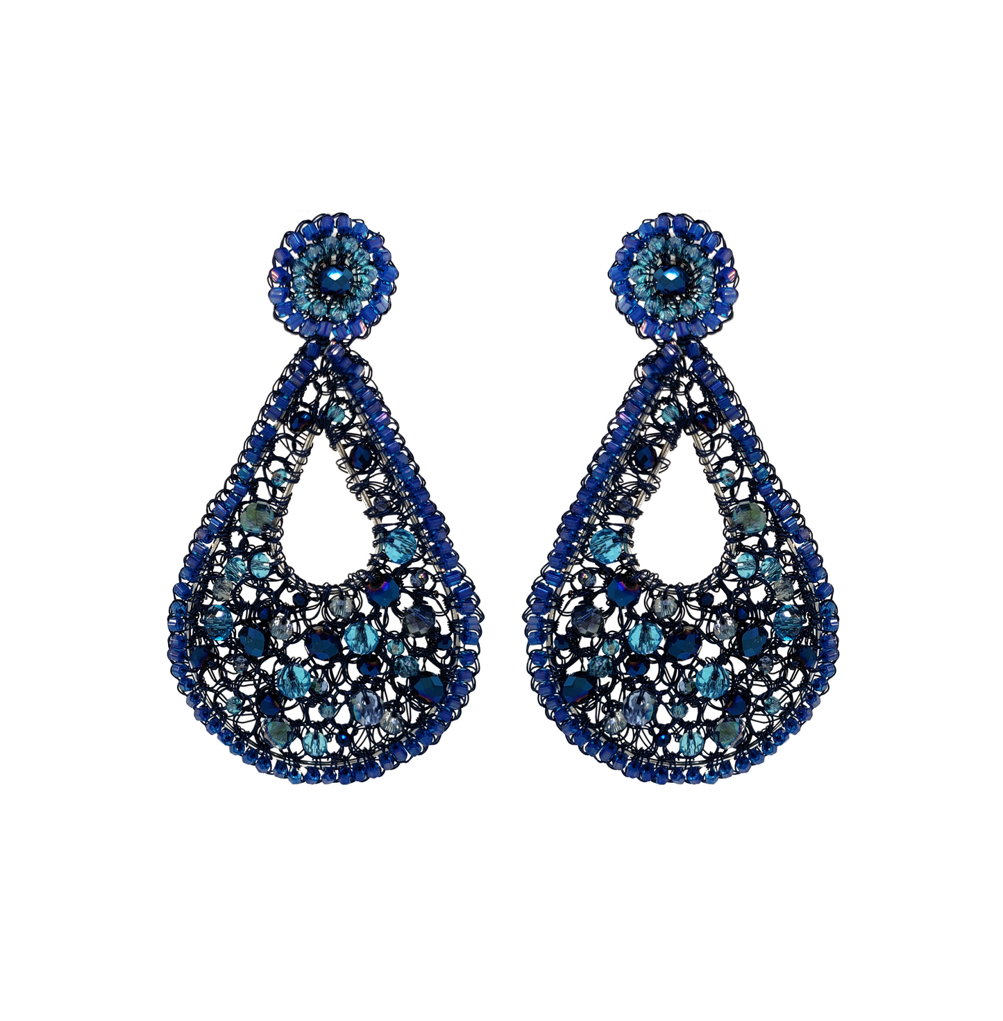 Navy Open Mesh Teardrop Crochet Earrings