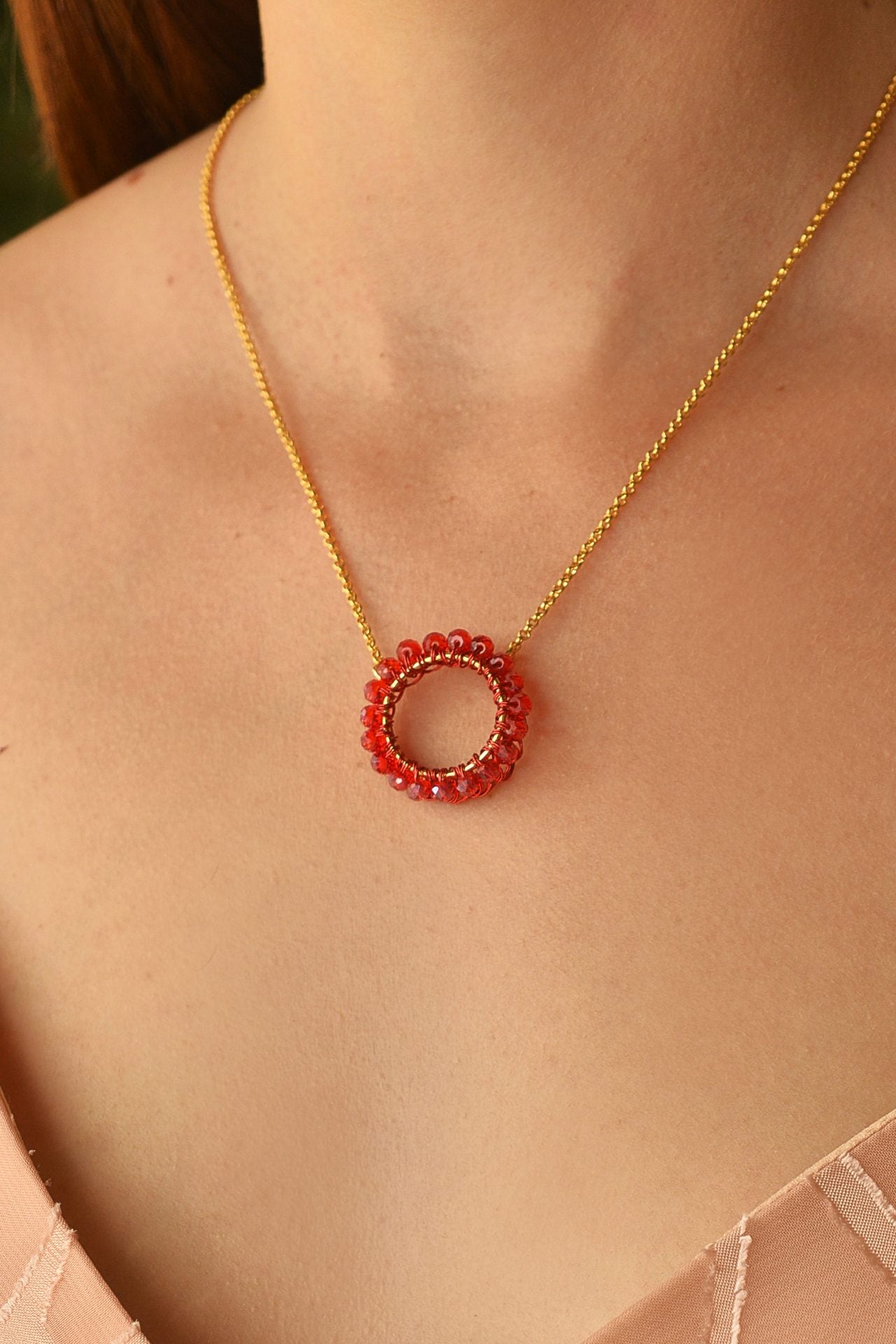 Red Crystal Circle Pendant Handmade Crochet Necklace